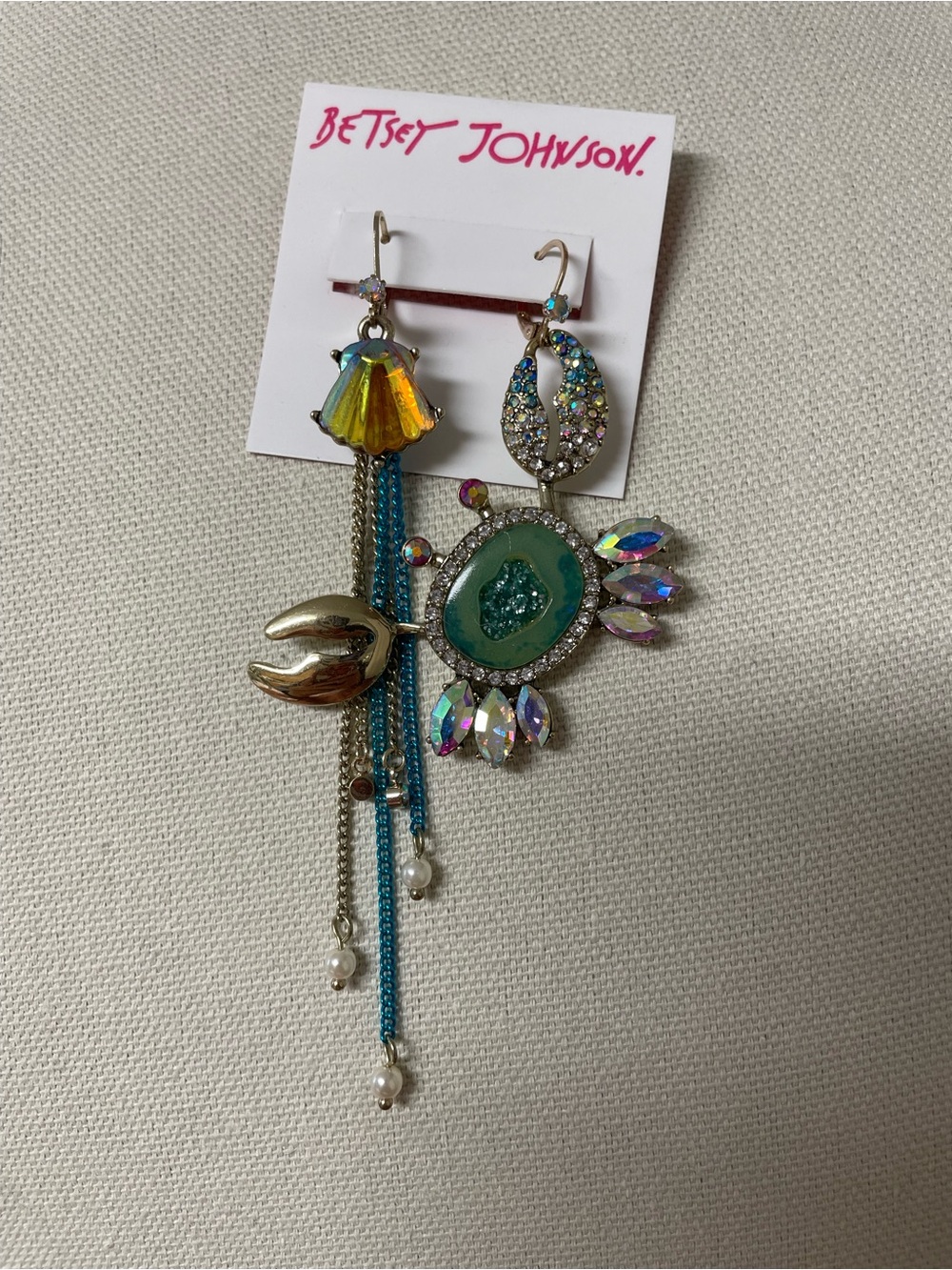 Betsey Johnson Teal Multi-Color Crystal Drop asymmetrical crab Earrings